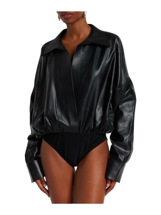 Norma Kamali Tops - Norma Kamali Bodysuit Oversized Boyfriend Shirt Faux Leather in Black Sz XS
